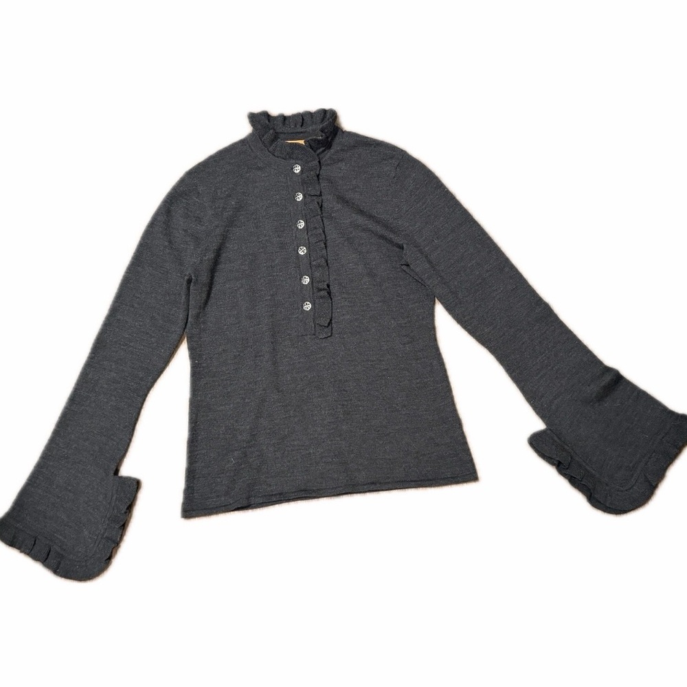 tory burch wool ruffle button up sweater blouse medium grey